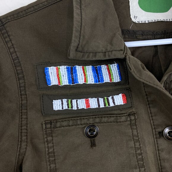 Anthropologie Sz XS Army Green Military Shirt Jacket Beaded Patches Button Down - Picture 8 of 9